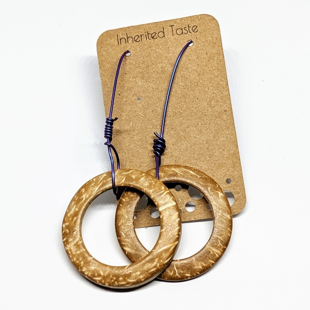 Long Dangle Earrings, Coconut Wood & Niobium